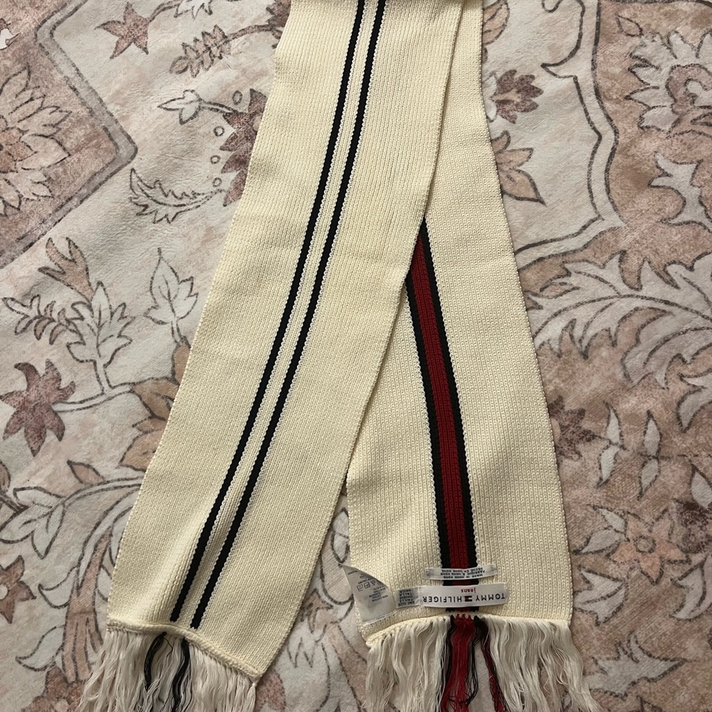Tommy Hilfiger Cream Scarf with Red and Navy Center Stripe